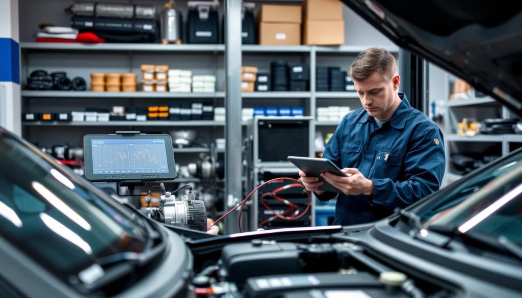 A neatly organized car repair workshop, with a well-lit diagnostic workstation in the foreground. An auto technician in a navy blue uniform examines a car's air conditioning system, using specialized tools and a tablet display to analyze the diagnostic data. The middle ground showcases various AC components, such as compressors, condensers, and refrigerant lines, against a backdrop of shelves stocked with replacement parts. The overall scene conveys a sense of expertise, professionalism, and a focus on resolving the common issues that can plague a vehicle's climate control system.