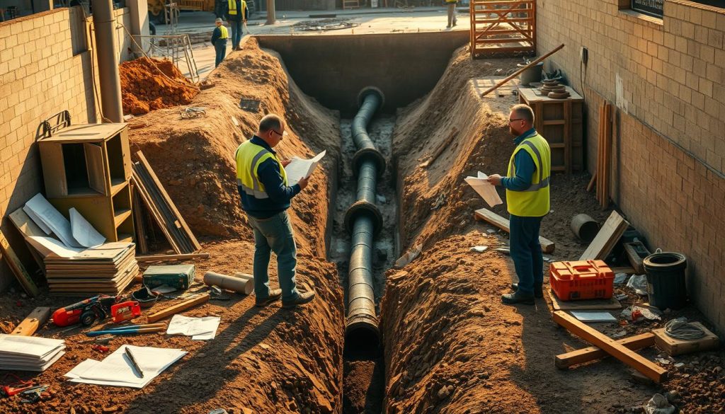 A neatly organized construction site with a sewer repair crew in the foreground, examining blueprints and discussing plans. Mid-ground features tools, equipment, and materials scattered around. The background showcases the open trench leading to the damaged sewer line, with workers in the distance assessing the problem. Warm, directional lighting from the side creates shadows and highlights the scene. The overall mood is one of focused problem-solving, with the contractors deeply engaged in their work. A neatly organized construction site with a sewer repair crew in the foreground, examining blueprints and discussing plans. Mid-ground features tools, equipment, and materials scattered around. The background showcases the open trench leading to the damaged sewer line, with workers in the distance assessing the problem. Warm, directional lighting from the side creates shadows and highlights the scene. The overall mood is one of focused problem-solving, with the contractors deeply engaged in their work. Sewer Repair Service.