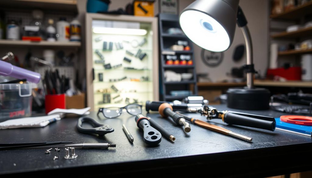A neatly organized workbench in a well-lit glass repair shop, showcasing an array of professional tools. In the foreground, a pair of precision tweezers, small screwdrivers, and a loupe magnifier. In the middle ground, a soldering iron, a frame bending plier, and a specialty lens-cutting tool. In the background, a tool cabinet with various spare parts and a large LED-lit magnifying lamp to illuminate the delicate repair work. The scene exudes a sense of expertise and care, capturing the essence of a top-tier glasses repair service in Michigan. A neatly organized workbench in a well-lit glass repair shop, showcasing an array of professional tools. In the foreground, a pair of precision tweezers, small screwdrivers, and a loupe magnifier. In the middle ground, a soldering iron, a frame bending plier, and a specialty lens-cutting tool. In the background, a tool cabinet with various spare parts and a large LED-lit magnifying lamp to illuminate the delicate repair work. The scene exudes a sense of expertise and care, capturing the essence of a top-tier glasses repair service in Michigan.