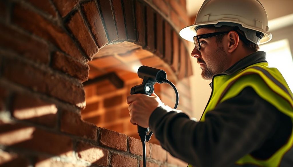 A professional chimney inspector examining the interior of a brick chimney flue, using a handheld inspection camera and flashlight. The inspector is wearing a hard hat, safety goggles, and a high-visibility vest. The scene is lit by natural light streaming in from a window, casting warm shadows and highlights on the brick and mortar. The camera is positioned at a low angle, capturing the inspector's focused expression as they carefully inspect the chimney for any cracks, blockages, or buildup. The background is blurred, drawing the viewer's attention to the detailed inspection process. A professional chimney inspector examining the interior of a brick chimney flue, using a handheld inspection camera and flashlight. The inspector is wearing a hard hat, safety goggles, and a high-visibility vest. The scene is lit by natural light streaming in from a window, casting warm shadows and highlights on the brick and mortar. The camera is positioned at a low angle, capturing the inspector's focused expression as they carefully inspect the chimney for any cracks, blockages, or buildup. The background is blurred, drawing the viewer's attention to the detailed inspection process.