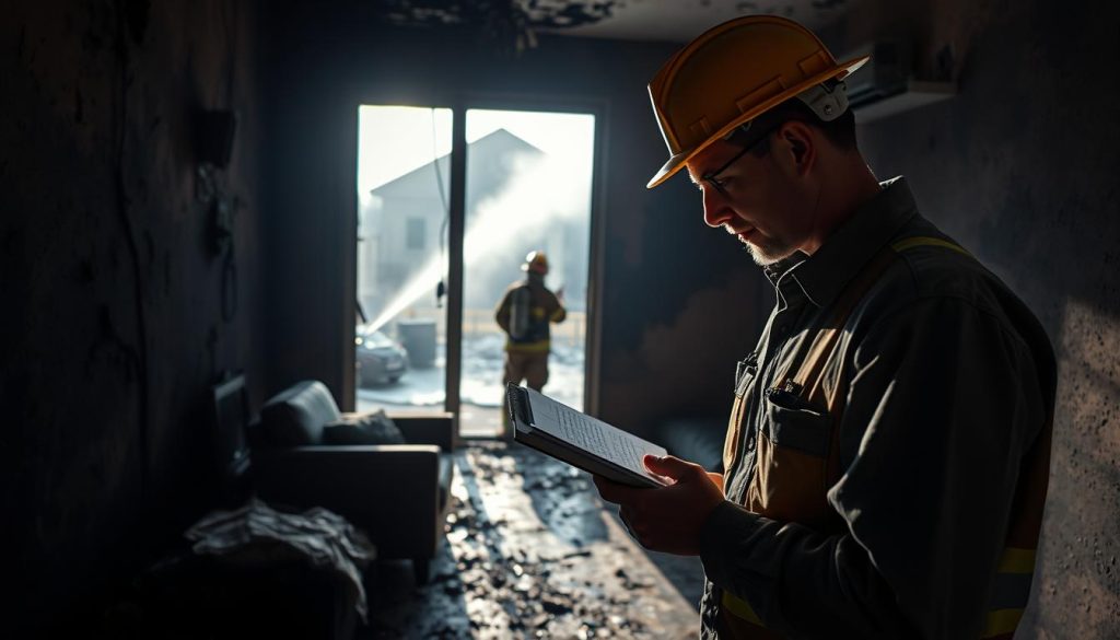 A professional fire damage assessor examines the charred interior of a smoke-stained room, meticulously documenting the extent of the devastation. Soft, directional lighting illuminates the scene, casting dramatic shadows that accentuate the textures of the damaged walls and furnishings. The assessor, wearing a hard hat and protective gear, peers closely at the soot-covered surfaces, clipboard in hand, carefully noting every detail. In the background, a firefighter stands outside, directing a powerful water jet towards the smoldering structure, attempting to extinguish any lingering flames. The mood is somber and contemplative, reflecting the gravity of the situation and the importance of the assessment process in guiding the subsequent smoke damage repair efforts. A professional fire damage assessor examines the charred interior of a smoke-stained room, meticulously documenting the extent of the devastation. Soft, directional lighting illuminates the scene, casting dramatic shadows that accentuate the textures of the damaged walls and furnishings. The assessor, wearing a hard hat and protective gear, peers closely at the soot-covered surfaces, clipboard in hand, carefully noting every detail. In the background, a firefighter stands outside, directing a powerful water jet towards the smoldering structure, attempting to extinguish any lingering flames. The mood is somber and contemplative, reflecting the gravity of the situation and the importance of the assessment process in guiding the subsequent smoke damage repair efforts.