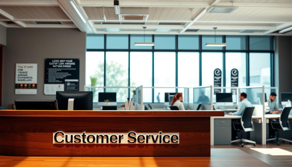A professional office setting with a customer service desk in the foreground. The desk is made of dark wood and has a nameplate that reads "Customer Service". Behind the desk, a row of cubicles with employees diligently working. Large windows on the back wall let in natural light, creating a warm and inviting atmosphere. The walls are adorned with motivational posters and company awards, conveying a sense of professionalism and dedication to customer satisfaction. The overall scene exudes a mood of efficient, responsive, and personalized service. A professional office setting with a customer service desk in the foreground. The desk is made of dark wood and has a nameplate that reads "Customer Service". Behind the desk, a row of cubicles with employees diligently working. Large windows on the back wall let in natural light, creating a warm and inviting atmosphere. The walls are adorned with motivational posters and company awards, conveying a sense of professionalism and dedication to customer satisfaction. The overall scene exudes a mood of efficient, responsive, and personalized service.