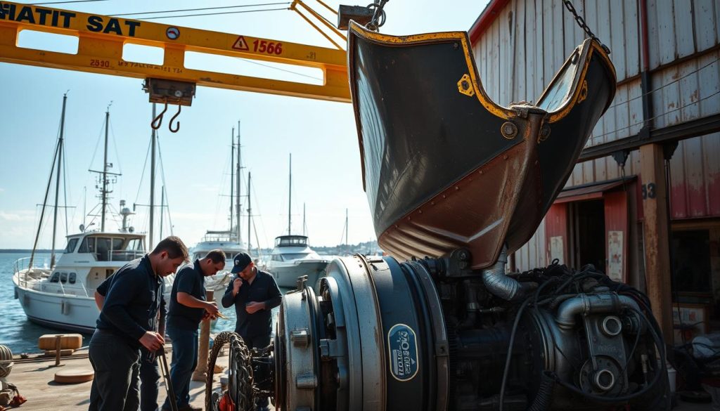 A seaside Colombian shipyard, with a weathered, sun-drenched facade. In the foreground, a team of skilled mechanics working diligently on a large marine diesel engine, their tools and hands covered in grease. Overhead, a crane hoists a partially disassembled boat, its hull gleaming in the bright, natural lighting. In the background, other vessels are moored, their masts swaying gently in the coastal breeze. The scene exudes a sense of industrious expertise, showcasing the reliable, hands-on approach to boat repair services found in this vibrant Colombian maritime community.