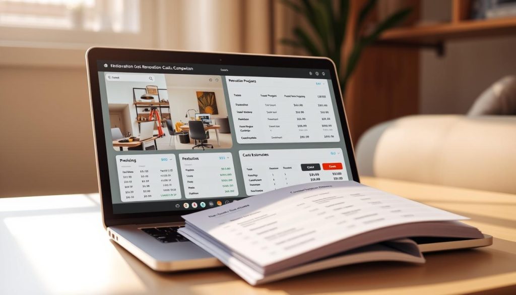 A sleek, modern laptop screen displays multiple online renovation cost comparison platforms, their intuitive interfaces and detailed cost breakdowns showcased. In the foreground, neatly organized renovation project proposals and cost estimates are visible, allowing the user to easily assess and compare local service providers. The scene is bathed in a warm, natural lighting, creating a sense of clarity and professionalism. The overall mood is one of efficiency, transparency and empowerment, reflecting the article's focus on finding affordable, high-quality home renovation services.