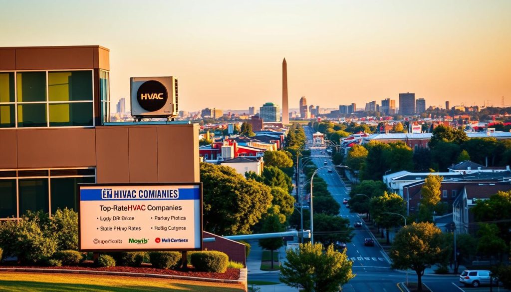 A sleek, modern office building with a stylish HVAC unit prominently displayed on the rooftop, bathed in warm, golden-hour sunlight. In the foreground, a well-manicured landscape with lush greenery and a signage board showcasing the names of the top-rated HVAC companies serving the DC metro area. The middle ground features a busy street with well-maintained homes and businesses, reflecting the vibrant, thriving community. The background depicts the iconic skyline of Washington, DC, with the Washington Monument and other landmarks visible in the distance, creating a sense of place and context. The overall tone is professional, reliable, and conveys the expertise and high-quality service offered by the featured HVAC companies.