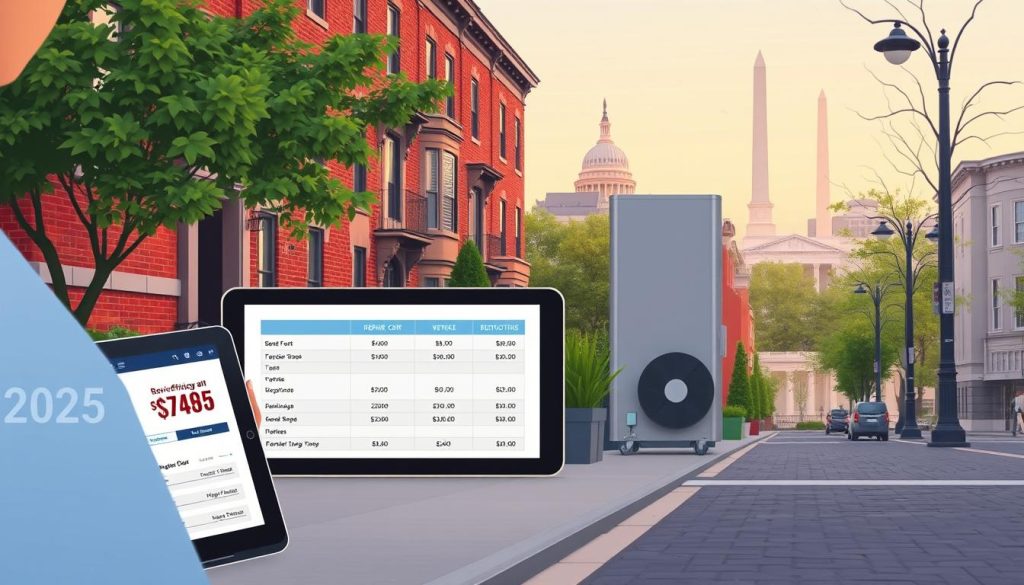 A stylized and detailed illustration of an HVAC repair service estimate in downtown Washington, DC in the year 2025. The foreground showcases a modern tablet device displaying repair cost breakdowns, repair technician tools, and a service order form. The middle ground features a sleek, high-efficiency HVAC unit set against the backdrop of a classic brick townhouse, with lush greenery and a cobblestone street. The background depicts the iconic skyline of DC, with the Washington Monument and Capitol Building visible under a warm, golden-hour lighting. The overall scene conveys a sense of professionalism, innovation, and the reliable, efficient HVAC services available to residents of the nation's capital in the near future. A stylized and detailed illustration of an HVAC repair service estimate in downtown Washington, DC in the year 2025. The foreground showcases a modern tablet device displaying repair cost breakdowns, repair technician tools, and a service order form. The middle ground features a sleek, high-efficiency HVAC unit set against the backdrop of a classic brick townhouse, with lush greenery and a cobblestone street. The background depicts the iconic skyline of DC, with the Washington Monument and Capitol Building visible under a warm, golden-hour lighting. The overall scene conveys a sense of professionalism, innovation, and the reliable, efficient HVAC services available to residents of the nation's capital in the near future.