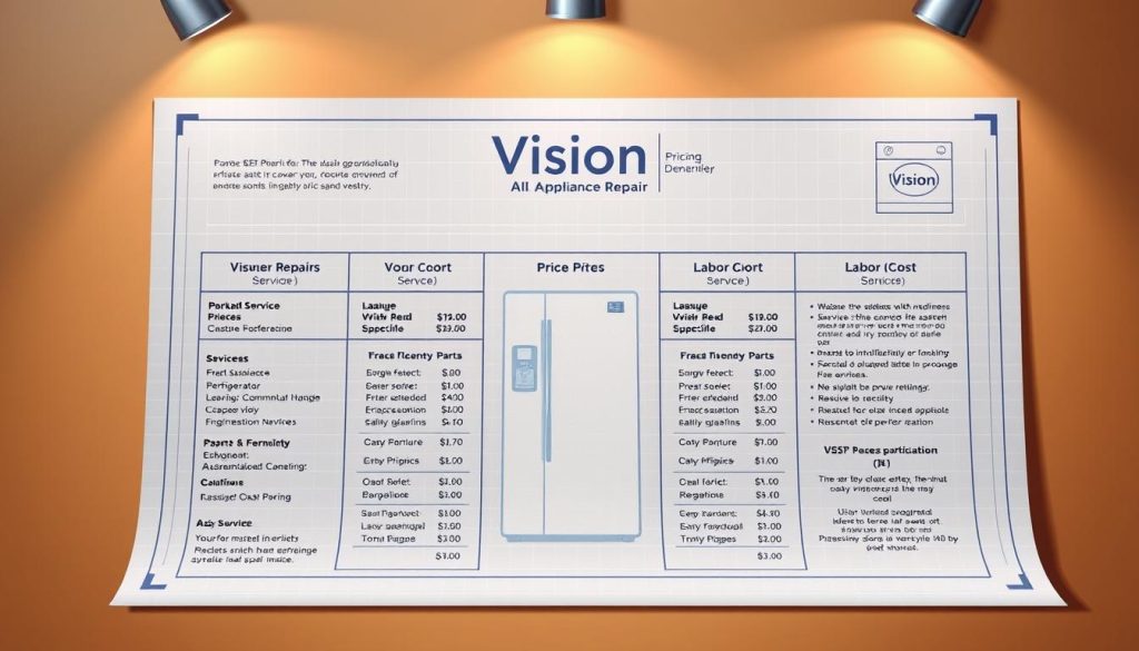 A stylized blueprint-like diagram showcasing the pricing structure for Vision Appliance Repair services. The foreground displays a detailed price list with various service tiers, parts, and labor costs, presented in a clean, organized manner. The middle ground features a central appliance icon, perhaps a refrigerator or washer, to represent the core focus of the business. The background subtly incorporates the "Vision" logo, with a muted, technical aesthetic that evokes professionalism and reliability. Warm lighting from above casts subtle shadows, creating depth and a sense of tangibility. The overall composition conveys a comprehensive, transparent, and trustworthy pricing system for potential customers. A stylized blueprint-like diagram showcasing the pricing structure for Vision Appliance Repair services. The foreground displays a detailed price list with various service tiers, parts, and labor costs, presented in a clean, organized manner. The middle ground features a central appliance icon, perhaps a refrigerator or washer, to represent the core focus of the business. The background subtly incorporates the "Vision" logo, with a muted, technical aesthetic that evokes professionalism and reliability. Warm lighting from above casts subtle shadows, creating depth and a sense of tangibility. The overall composition conveys a comprehensive, transparent, and trustworthy pricing system for potential customers.