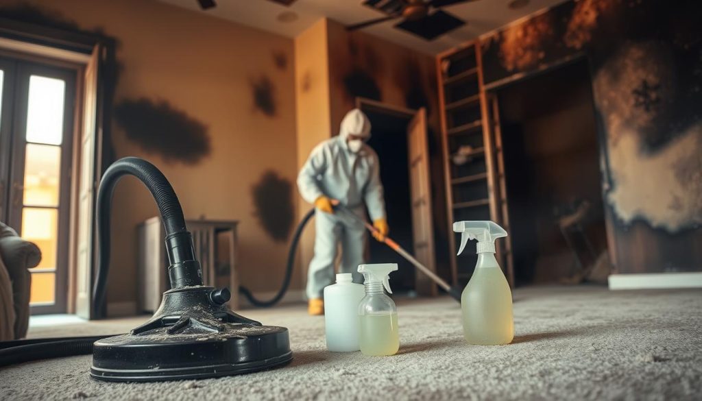 A technician wearing a protective suit, utilizing advanced cleaning tools and techniques to remove soot, ash, and lingering odors from a fire-damaged room. The scene is bathed in warm, diffused lighting, conveying a sense of meticulous care and restoration. In the foreground, specialized vacuum attachments and cleaning solutions are on display, while in the middle ground, the technician carefully wipes down surfaces. The background showcases the fire-damaged environment, with charred walls and a hazy atmosphere, emphasizing the need for these advanced odor and residue removal methods. A technician wearing a protective suit, utilizing advanced cleaning tools and techniques to remove soot, ash, and lingering odors from a fire-damaged room. The scene is bathed in warm, diffused lighting, conveying a sense of meticulous care and restoration. In the foreground, specialized vacuum attachments and cleaning solutions are on display, while in the middle ground, the technician carefully wipes down surfaces. The background showcases the fire-damaged environment, with charred walls and a hazy atmosphere, emphasizing the need for these advanced odor and residue removal methods.