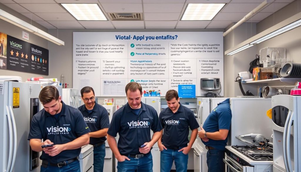 A vibrant, well-lit office setting showcasing the benefits of Vision Appliance Repair. In the foreground, a group of technicians wearing t-shirts with the "Vision" logo, examining and repairing various household appliances. The middle ground features a display of satisfied customers' testimonials and product warranties. The background depicts a modern, technology-driven workshop filled with state-of-the-art diagnostic equipment and spare parts, conveying the expertise and reliability of the Vision Appliance Repair team. The overall atmosphere exudes professionalism, efficiency, and customer-centric service. A vibrant, well-lit office setting showcasing the benefits of Vision Appliance Repair. In the foreground, a group of technicians wearing t-shirts with the "Vision" logo, examining and repairing various household appliances. The middle ground features a display of satisfied customers' testimonials and product warranties. The background depicts a modern, technology-driven workshop filled with state-of-the-art diagnostic equipment and spare parts, conveying the expertise and reliability of the Vision Appliance Repair team. The overall atmosphere exudes professionalism, efficiency, and customer-centric service.