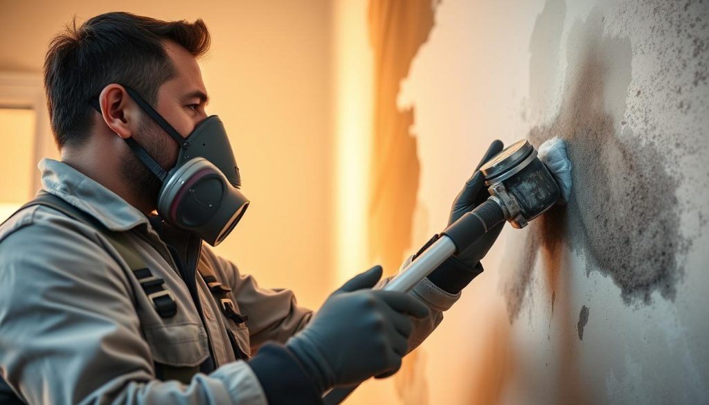 A well-equipped professional carefully inspecting fire-damaged walls, assessing the extent of the smoke and soot residue. Utilizing specialized cleaning equipment, he meticulously scrubs and deodorizes the affected surfaces, restoring them to their former pristine condition. Protective gear, including a respirator mask, safeguards him from lingering airborne contaminants. The scene exudes a sense of expertise and diligence, conveying the importance of entrusting smoke damage repair to experienced hands. Warm lighting illuminates the process, highlighting the delicate nature of the restoration work. The focus is on the technician's skilled techniques, ensuring the home is returned to a livable, smoke-free state.