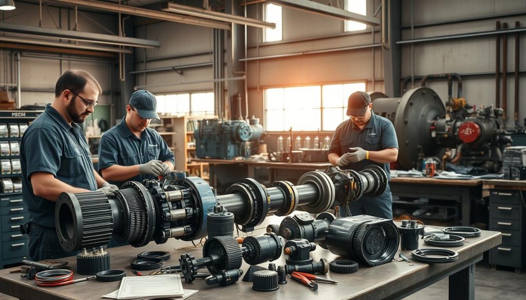 A well-equipped workshop with a team of skilled technicians expertly repairing a large hydraulic cylinder. The cylinder is disassembled on a workbench, surrounded by an array of precision tools, replacement parts, and technical manuals. Soft natural lighting filters in through large windows, casting a warm glow over the scene. The technicians wear protective gear as they carefully inspect and service the intricate mechanism, ensuring its reliable performance. In the background, additional hydraulic systems and equipment are visible, conveying the comprehensive capabilities of this reputable local repair service.