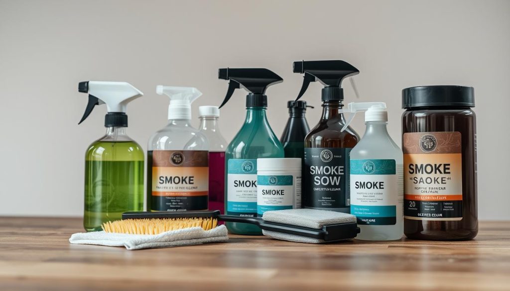 A well-lit, close-up shot of an assortment of various cleaning products designed for smoke and soot removal, arranged neatly on a wooden surface. The products should include a spray bottle, a scrub brush, a sponge, and cleaning solutions in containers with clear labeling. The lighting should be bright and diffused, creating a clean, professional look. The background should be a neutral, out-of-focus setting, allowing the products to be the focal point. The overall mood should convey a sense of cleanliness, practicality, and effectiveness in addressing smoke damage.