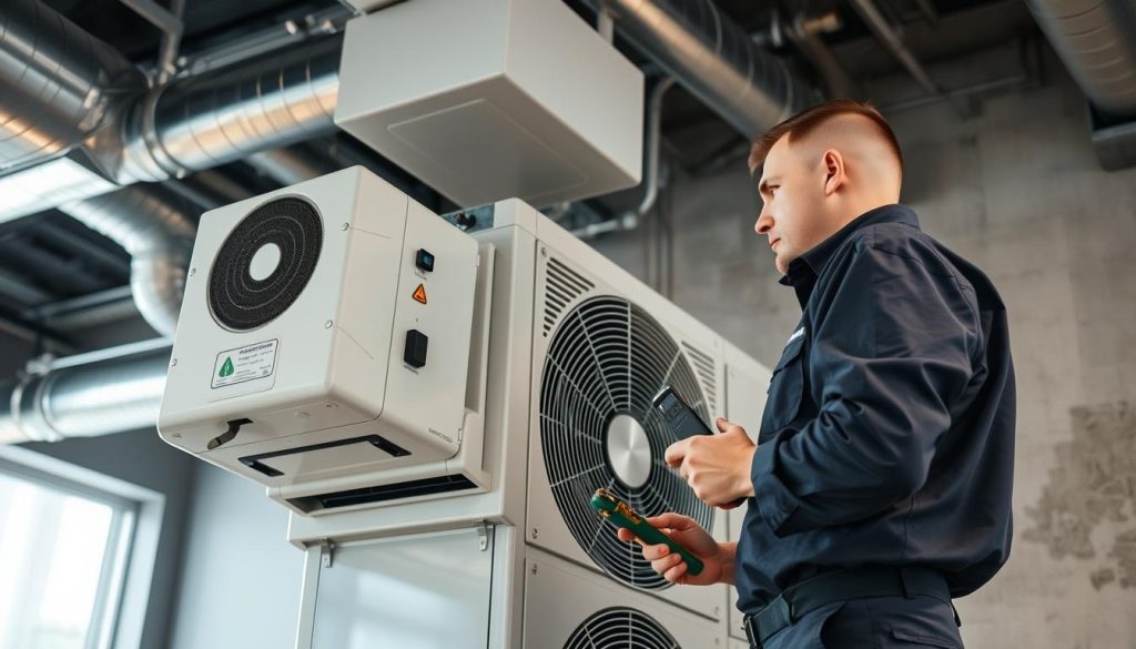 A well-lit commercial HVAC unit with energy-efficient features, such as a high-efficiency compressor and programmable thermostat, situated in a modern, minimalist office interior. The repairperson, wearing a professional uniform, is carefully inspecting the unit, tools in hand, against a backdrop of sleek, metallic ductwork and clean, concrete walls. The overall scene conveys a sense of technical expertise, environmental consciousness, and a commitment to optimizing the building's energy performance.