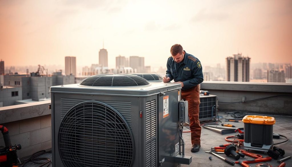 A well-lit commercial rooftop with a large HVAC unit, surrounded by various tools and equipment used for repair and maintenance. The unit is positioned in the foreground, its metal casing and vents rendered in intricate detail. In the middle ground, a technician in a uniform is shown examining the unit, their face obscured by a focused expression. The background features a cityscape of high-rise buildings, hinting at the commercial setting. The scene is bathed in warm, diffused lighting, creating a sense of professionalism and problem-solving. The overall composition conveys the specialized knowledge and effort required for rooftop HVAC unit repair.