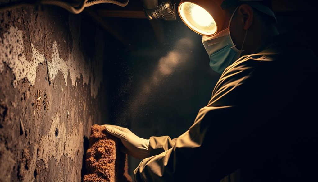 A well-lit, detailed close-up view of a person in protective gear (coverall, mask, gloves) scrubbing moldy drywall in a dimly-lit, cluttered crawl space. Dust motes swirl in the air, and the walls show signs of water damage and fungal growth. The scene conveys the manual labor and potential health hazards of DIY mold remediation. Diffuse, warm lighting from a work lamp casts dramatic shadows, emphasizing the task at hand. The overall mood is one of careful, methodical cleaning to restore the crawl space to a healthy condition. A well-lit, detailed close-up view of a person in protective gear (coverall, mask, gloves) scrubbing moldy drywall in a dimly-lit, cluttered crawl space. Dust motes swirl in the air, and the walls show signs of water damage and fungal growth. The scene conveys the manual labor and potential health hazards of DIY mold remediation. Diffuse, warm lighting from a work lamp casts dramatic shadows, emphasizing the task at hand. The overall mood is one of careful, methodical cleaning to restore the crawl space to a healthy condition.