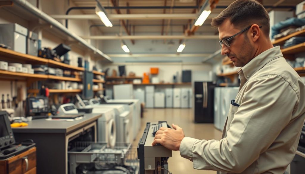 A well-lit, expansive workshop with an array of tools and appliances neatly organized on shelves and workbenches. In the foreground, a skilled technician in a crisp uniform examines the inner workings of a dishwasher, surrounded by a collection of spare parts and diagnostic equipment. The middle ground showcases various household appliances - fridges, washers, dryers - awaiting repair, while the background depicts the workshop's efficient workspace, complete with specialized equipment and a clean, professional atmosphere. Warm, directional lighting illuminates the scene, casting subtle shadows and highlighting the technician's focused attention to detail. An atmosphere of expertise, efficiency, and customer-centric service permeates the image.