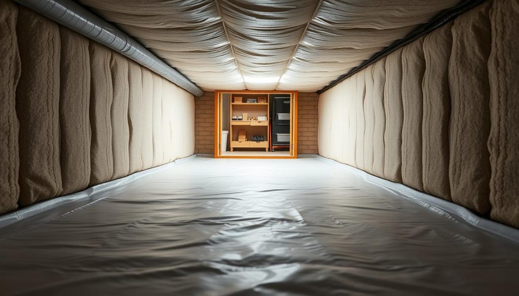 A well-lit, high-resolution photograph of a crawl space interior, showcasing the encapsulation process. The foreground depicts a clean, bright crawl space with a freshly installed vapor barrier covering the ground and walls. The middle ground highlights the insulation lining the ceiling joists, providing effective thermal and moisture control. In the background, visible through the open crawl space entrance, is a tidy, organized workspace, conveying a sense of professionalism and attention to detail. The image has a sharp focus, natural lighting, and a sense of order and efficiency, reflecting the effectiveness of the crawl space encapsulation process. Lowcountry Foundation and Crawl Space Repair Reviews