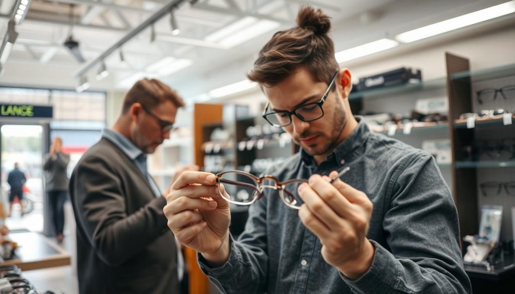A well-lit, modern glass repair shop in a bustling Michigan market. In the foreground, a customer carefully examines a pair of eyeglasses, considering repair options. The middle ground features a technician meticulously working on an intricate frame, using specialized tools and equipment. In the background, shelves display a variety of replacement parts and a welcoming reception area, inviting patrons to seek reliable, professional glasses repair services. The scene conveys a sense of expertise, attention to detail, and a commitment to providing high-quality solutions for damaged or worn eyewear. A well-lit, modern glass repair shop in a bustling Michigan market. In the foreground, a customer carefully examines a pair of eyeglasses, considering repair options. The middle ground features a technician meticulously working on an intricate frame, using specialized tools and equipment. In the background, shelves display a variety of replacement parts and a welcoming reception area, inviting patrons to seek reliable, professional glasses repair services. The scene conveys a sense of expertise, attention to detail, and a commitment to providing high-quality solutions for damaged or worn eyewear.