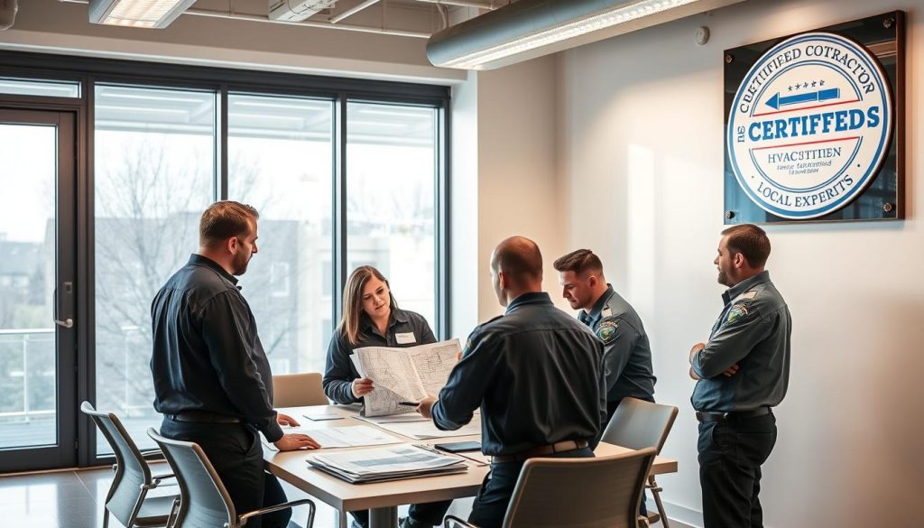 A well-lit office interior with a focus on a group of certified HVAC contractors discussing project plans at a conference table. The contractors are dressed in professional uniforms, examining blueprints and exchanging ideas. The room has modern, minimalist decor with large windows allowing natural light to flood the space. A credentialed HVAC certification plaque is prominently displayed on the wall, conveying the expertise and qualifications of the local experts. The overall atmosphere is one of professionalism, collaboration, and trustworthiness - reflecting the reliable HVAC services available in the DC area. A well-lit office interior with a focus on a group of certified HVAC contractors discussing project plans at a conference table. The contractors are dressed in professional uniforms, examining blueprints and exchanging ideas. The room has modern, minimalist decor with large windows allowing natural light to flood the space. A credentialed HVAC certification plaque is prominently displayed on the wall, conveying the expertise and qualifications of the local experts. The overall atmosphere is one of professionalism, collaboration, and trustworthiness - reflecting the reliable HVAC services available in the DC area.