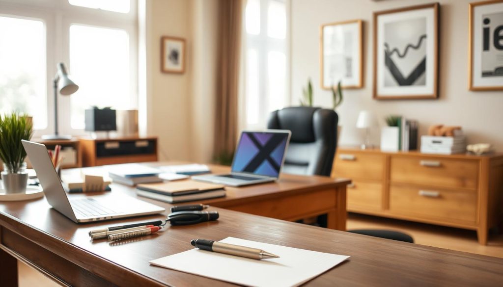 A well-lit office setting with a wooden desk, a laptop, and various office supplies. On the desk, a notepad and pen are prominently displayed, suggesting a scene where a homeowner is preparing to interview and evaluate potential AC repair contractors. The room has a warm, inviting atmosphere, with natural light streaming in through large windows. The walls are adorned with neutral-toned artwork, creating a professional yet approachable ambiance. The overall composition emphasizes the act of gathering information and making an informed decision, capturing the essence of the "Questions to Ask Before Hiring an AC Repair Contractor" section. A well-lit office setting with a wooden desk, a laptop, and various office supplies. On the desk, a notepad and pen are prominently displayed, suggesting a scene where a homeowner is preparing to interview and evaluate potential AC repair contractors. The room has a warm, inviting atmosphere, with natural light streaming in through large windows. The walls are adorned with neutral-toned artwork, creating a professional yet approachable ambiance. The overall composition emphasizes the act of gathering information and making an informed decision, capturing the essence of the "Questions to Ask Before Hiring an AC Repair Contractor" section.