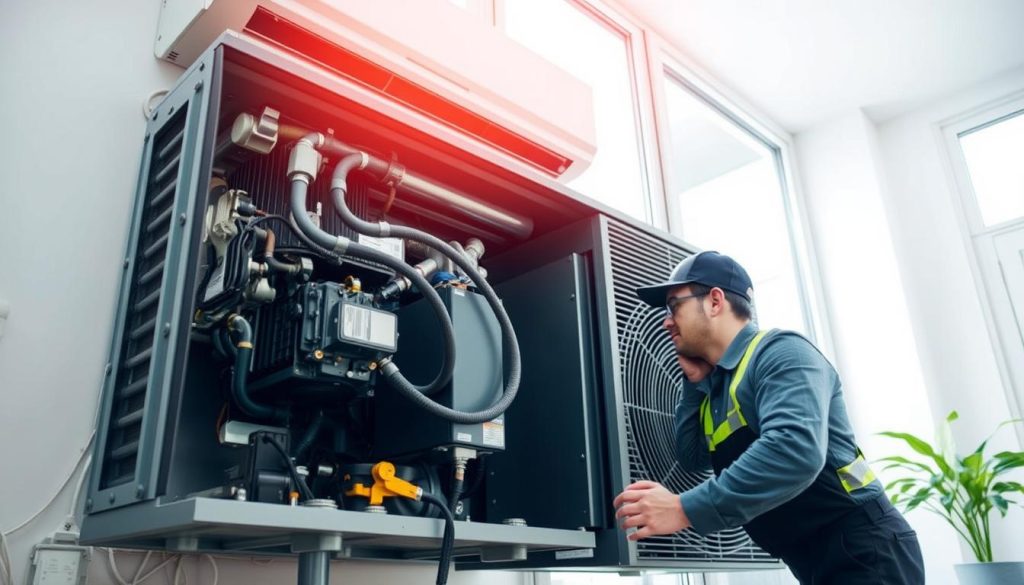 A well-maintained air conditioning unit, with a technician inspecting the compressor and coolant lines. The scene is set in a bright, airy room, with natural light filtering in through large windows. The technician, wearing a uniform and safety gear, is carefully examining the unit, conveying a sense of expertise and attention to detail. The background features clean, minimal decor, allowing the focus to remain on the AC unit and the maintenance process. The overall mood is one of professionalism, efficiency, and a commitment to keeping the home's cooling system in top condition. A well-maintained air conditioning unit, with a technician inspecting the compressor and coolant lines. The scene is set in a bright, airy room, with natural light filtering in through large windows. The technician, wearing a uniform and safety gear, is carefully examining the unit, conveying a sense of expertise and attention to detail. The background features clean, minimal decor, allowing the focus to remain on the AC unit and the maintenance process. The overall mood is one of professionalism, efficiency, and a commitment to keeping the home's cooling system in top condition.