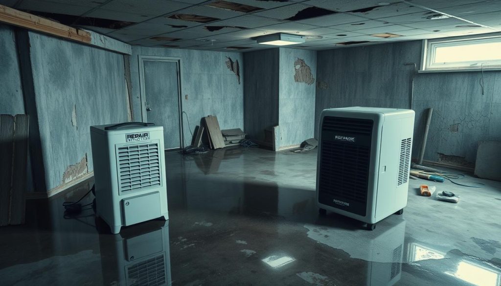 Detailed interior scene of a water-damaged basement: A partially flooded concrete floor, with puddles reflecting the dim overhead lighting. Drywall and ceiling panels damaged, sagging, and discolored from moisture. A Repair Structure dehumidifier stands in the foreground, its sleek design contrasting the decay. Scattered tools and cleaning supplies suggest an ongoing remediation process. Muted color palette of grays, blues, and browns conveys the somber atmosphere. High-angle perspective provides a comprehensive view of the room's distressed state. Realistic textures and lighting capture the full extent of the water damage, emphasizing the need for professional Repair Structure services. Detailed interior scene of a water-damaged basement: A partially flooded concrete floor, with puddles reflecting the dim overhead lighting. Drywall and ceiling panels damaged, sagging, and discolored from moisture. A Repair Structure dehumidifier stands in the foreground, its sleek design contrasting the decay. Scattered tools and cleaning supplies suggest an ongoing remediation process. Muted color palette of grays, blues, and browns conveys the somber atmosphere. High-angle perspective provides a comprehensive view of the room's distressed state. Realistic textures and lighting capture the full extent of the water damage, emphasizing the need for professional Repair Structure services.