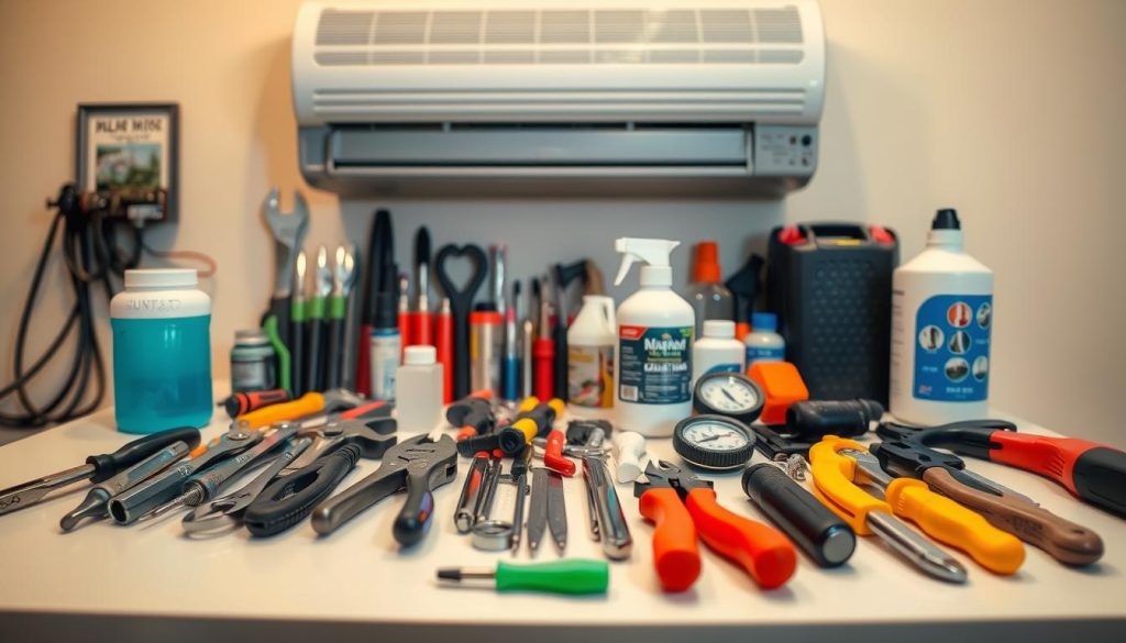 Neatly arranged DIY air conditioning repair tools on a clean workbench. Diverse set of pliers, screwdrivers, wrenches, gauges, and cleaning supplies in the foreground, with a wall-mounted AC unit visible in the background. Warm, focused lighting illuminates the tools, creating a sense of functionality and professionalism. The scene conveys a mood of competence and DIY empowerment, ready to tackle minor AC issues with the right equipment. Neatly arranged DIY air conditioning repair tools on a clean workbench. Diverse set of pliers, screwdrivers, wrenches, gauges, and cleaning supplies in the foreground, with a wall-mounted AC unit visible in the background. Warm, focused lighting illuminates the tools, creating a sense of functionality and professionalism. The scene conveys a mood of competence and DIY empowerment, ready to tackle minor AC issues with the right equipment.