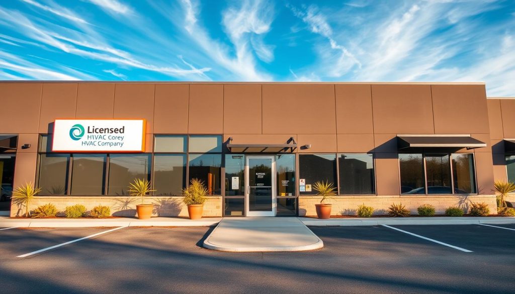 a professional, sleek, and modern office building with prominent signage for a licensed HVAC company in Washington, DC. The building has a clean, glass facade with a stylish logo and company name displayed prominently. The entrance is flanked by potted plants and features a well-maintained, paved parking lot. The sky is a bright, clear blue with wispy clouds, creating a warm and inviting atmosphere. The scene conveys a sense of expertise, reliability, and attention to detail, reflecting the high standards expected of a licensed HVAC provider serving the DC metropolitan area.