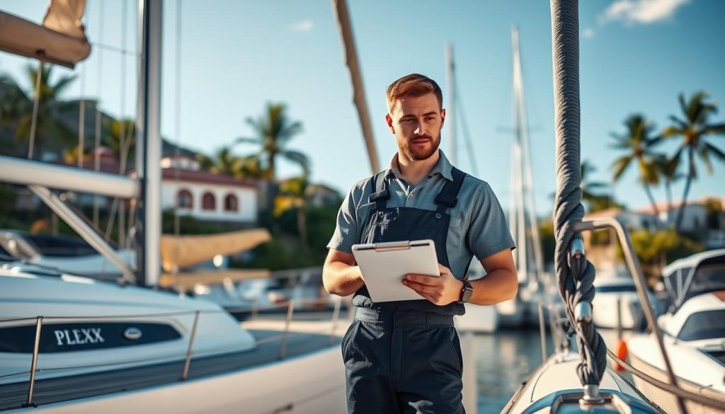 a professional yacht maintenance checklist in a coastal colombian town, with a mechanic standing next to a well-maintained sailboat in the foreground. the scene is bathed in warm afternoon sunlight, with a picturesque marina and palm trees in the background. the mechanic is wearing a navy blue overalls, holding a clipboard and examining the boat's exterior. the attention to detail and care for the vessel conveys the expertise and dedication of the marine technician.