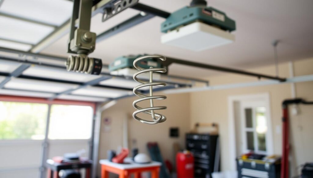 A garage interior in natural light, with a partially opened garage door revealing the spring mechanism. The foreground focuses on the garage door spring, showcasing its coiled structure and the various components required for replacement, such as the mounting brackets and the spring tension adjustments. The middle ground depicts the garage interior, with tools and supplies neatly organized on a workbench, hinting at the process of spring replacement. The background depicts the outdoor scene, with a hint of sunlight streaming through the open door, creating a warm, inviting atmosphere. The overall composition emphasizes the step-by-step nature of the garage door spring replacement task, conveying a sense of accessibility and DIY approachability. A garage interior in natural light, with a partially opened garage door revealing the spring mechanism. The foreground focuses on the garage door spring, showcasing its coiled structure and the various components required for replacement, such as the mounting brackets and the spring tension adjustments. The middle ground depicts the garage interior, with tools and supplies neatly organized on a workbench, hinting at the process of spring replacement. The background depicts the outdoor scene, with a hint of sunlight streaming through the open door, creating a warm, inviting atmosphere. The overall composition emphasizes the step-by-step nature of the garage door spring replacement task, conveying a sense of accessibility and DIY approachability.