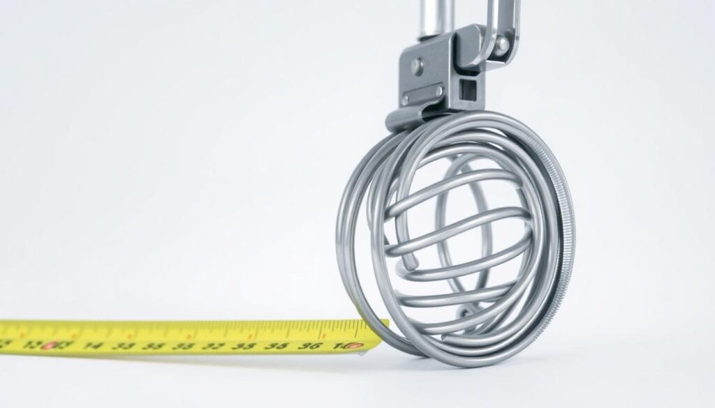 A well-lit, closeup photograph of a garage door torsion spring with a measuring tape positioned next to it, showcasing its diameter and length. The spring should be in focus, with a clean, seamless background that highlights the mechanical details. The lighting should be natural and even, casting subtle shadows that accentuate the spring's coiled structure. The image should convey a sense of professionalism and technical expertise, suitable for an article on the cost of garage door spring repairs. A well-lit, closeup photograph of a garage door torsion spring with a measuring tape positioned next to it, showcasing its diameter and length. The spring should be in focus, with a clean, seamless background that highlights the mechanical details. The lighting should be natural and even, casting subtle shadows that accentuate the spring's coiled structure. The image should convey a sense of professionalism and technical expertise, suitable for an article on the cost of garage door spring repairs.