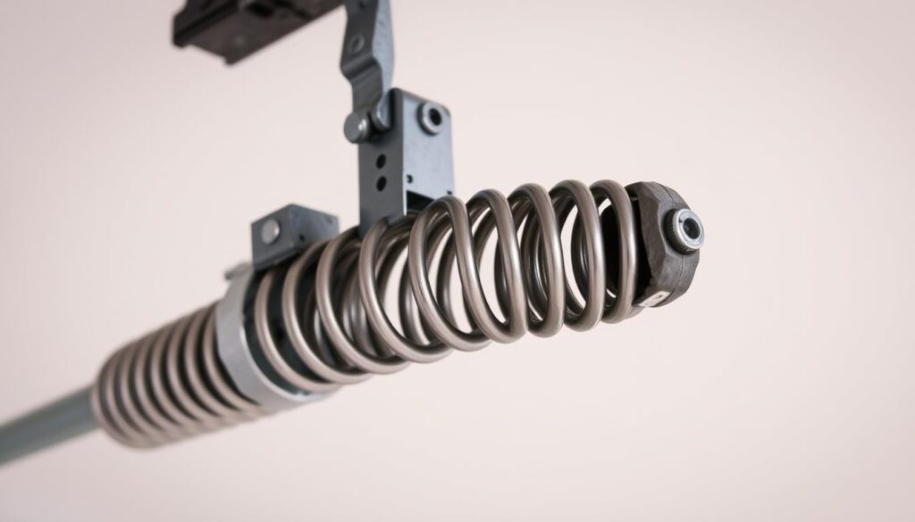 A well-lit, high-resolution close-up photograph of a garage door torsion spring, captured from a slightly elevated angle with a sharp focus. The spring should be positioned in the center of the frame, showcasing its coils, hooks, and mounting hardware in meticulous detail. The background should be a clean, neutral color, allowing the spring to be the sole focus. The lighting should be natural and diffused, emphasizing the metallic sheen and subtle textures of the spring. The image should convey a sense of technical precision and attention to detail, providing a clear visual reference for inspecting the condition of a garage door spring. A well-lit, high-resolution close-up photograph of a garage door torsion spring, captured from a slightly elevated angle with a sharp focus. The spring should be positioned in the center of the frame, showcasing its coils, hooks, and mounting hardware in meticulous detail. The background should be a clean, neutral color, allowing the spring to be the sole focus. The lighting should be natural and diffused, emphasizing the metallic sheen and subtle textures of the spring. The image should convey a sense of technical precision and attention to detail, providing a clear visual reference for inspecting the condition of a garage door spring.