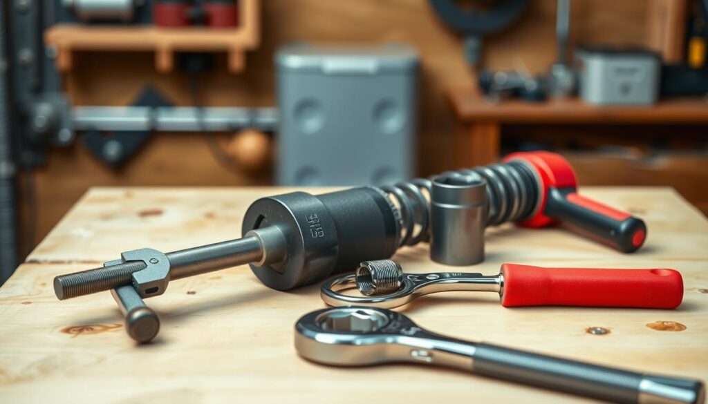 A well-lit, high-resolution photograph of a set of garage door spring replacement tools, including a pair of vice grips, a winding bar, a socket wrench, and a torque wrench, arranged neatly on a clean, wooden workbench. The tools are positioned to showcase their purpose and functionality, with a sense of order and professionalism. The background is blurred, allowing the tools to be the focal point, and the lighting is soft and natural, creating a warm and inviting atmosphere. The image conveys the essential tools needed for a successful garage door spring replacement project. A well-lit, high-resolution photograph of a set of garage door spring replacement tools, including a pair of vice grips, a winding bar, a socket wrench, and a torque wrench, arranged neatly on a clean, wooden workbench. The tools are positioned to showcase their purpose and functionality, with a sense of order and professionalism. The background is blurred, allowing the tools to be the focal point, and the lighting is soft and natural, creating a warm and inviting atmosphere. The image conveys the essential tools needed for a successful garage door spring replacement project.