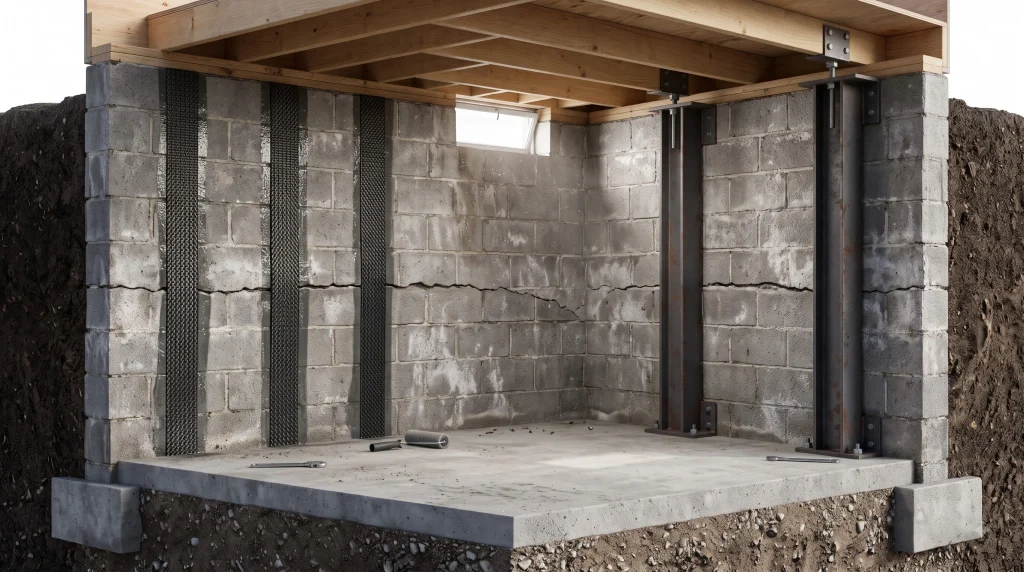Cross section diagram of horizontal crack block foundation wall repair carbon fiber vs i beam showing inward deflection and hydrostatic pressure
