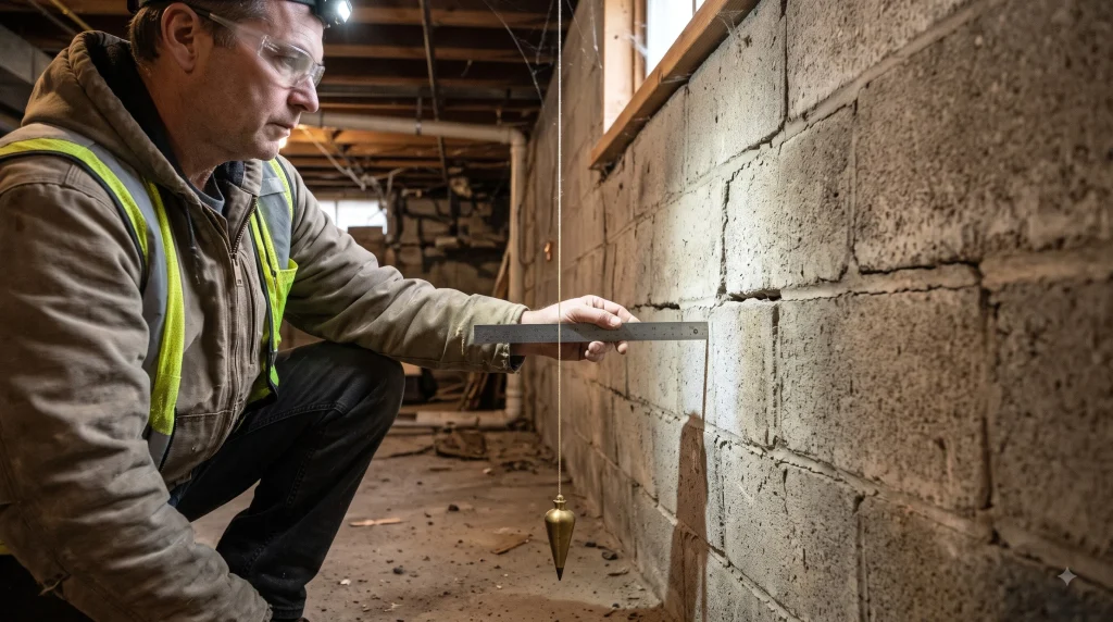 Professional home inspector measuring foundation wall deflection using a plumb bob and laser level against a cracked cinder block wall