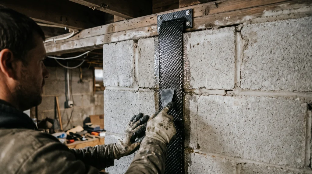 Close-up shot of structural carbon fiber reinforcement strap bonded with black epoxy resin across horizontal cracks on a cinder block wall